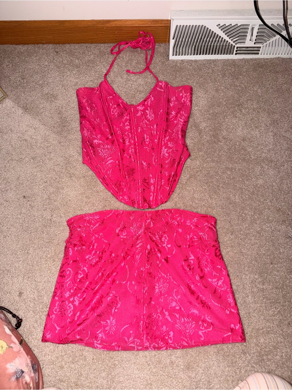 Hot Pink Floral Lace Bustier & Skirt Set